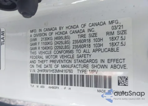 2021 Honda Cr-V 2Wd Ex z USA, uszkodzony, nr VIN 2HKRW1H53MH416760